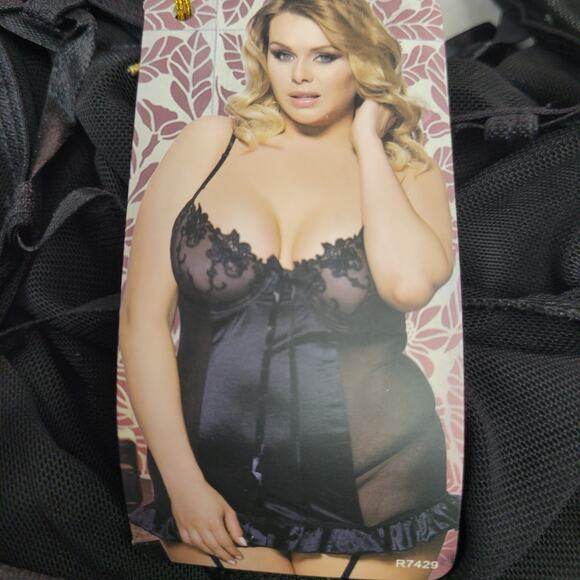 Womens 4xl US 16 Black Lace Sheer Baby Doll w/Thong Wired - Picture 7 of 7